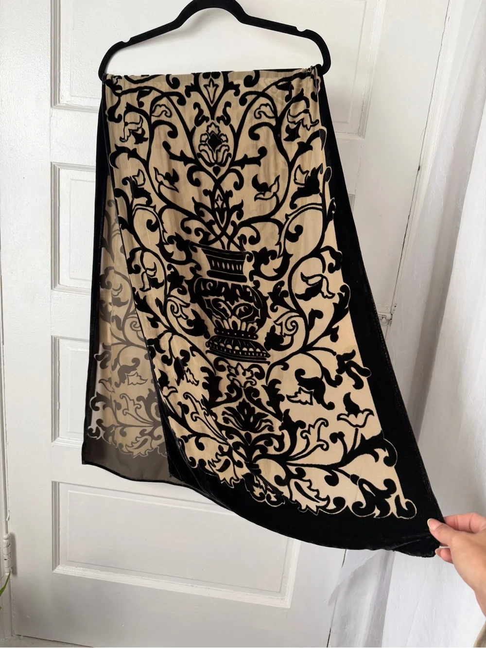 Silk Blend Velvet Burnout Scarf Wrap Beige & Black Damask Paisley Print Regal